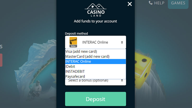 Casinoland CAD deposit methods